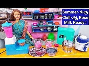 Barbie Preparing Yummy Chill Chill Rose Milk/Mini cooking in Mini Kitchen/ Barbie Miniature Cooking