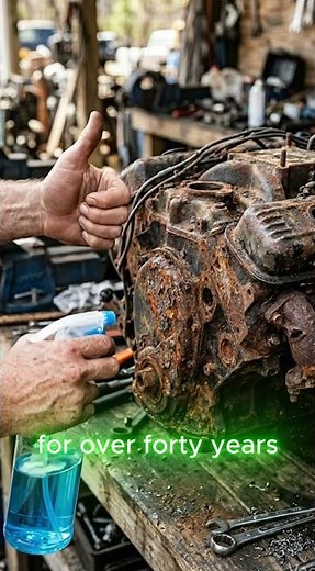 Close up of heavily rusted engine block with hands and cleaning spray