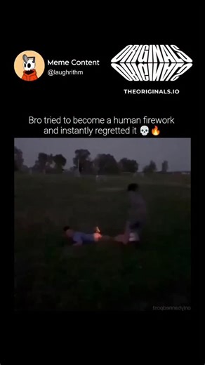 Meme Content on Instagram: "The video captures a dangerous but humorous stunt involving a firework in a dark, grassy field. A young man is lying prone on the ground while another person lights a firework placed near the center of his lower back. The moment the firework ignites, shooting sparks and flames, the man lets out a loud, painful scream and immediately scrambles to his feet, running away while clutching his backside. The firework continues to burn on the grass where he was lying, while t