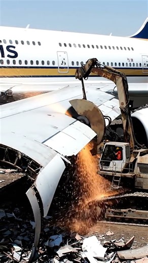 Demolition Workers Using Cutting Machines to Dismantle a Singapore Airlines A380