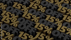 Gold and black 15% off sale offer looped animation. 10 to 90 percent discount sale signs in a rows for flash sale, big deal, cyber week, hot deal, mega sale, black friday, black week advertising.