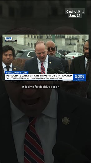 Scripps News on Instagram: "A group of Democratic lawmakers on Capitol Hill is moving to impeach Homeland Security Secretary Kristi Noem following the fatal shooting of U.S. citizen Renee Good by an ICE agent in Minneapolis. So far, more than five dozen lawmakers have reportedly signaled support for the impeachment resolution. However, it isn't likely to advance in the Republican-controlled Congress."