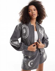 Never Fully Dressed embroidered bomber jacket co-ord in grey | ASOS