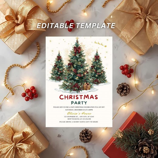 Editable Christmas Party Invitation Template: Cozy Christmas Tree Party Invite Holiday Party Invitation Christmas Invite Digital Download - Etsy