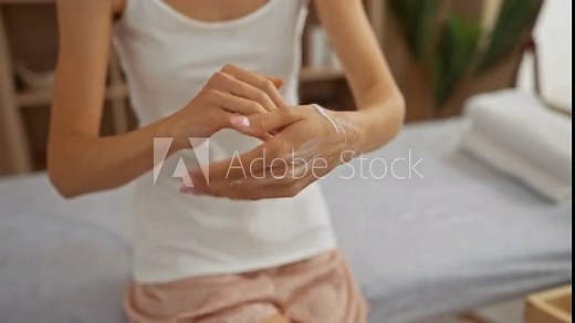 A woman applies moisturizing lotion to her hands in a wellness spa room, emphasizing skincare, relaxation, and personal care. Stock Video