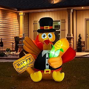 HOLLO STAR 5 FT Inflatable Turkey with Built-in LED Lights, Thanksgiving Blow up Yard Decoration with Suit, Pilgrim Hat and Corn, Blow up Turkey for Indoor/Outdoor, Lawn