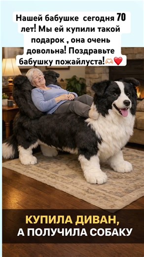 Нашей бабушке сегодня 70 лет, мы ей купили диван , в облике собаки, он ей очень понравился! Поздравт