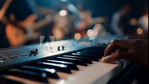 Close medium shot of a keyboard player interacting with a digital key transposer controller the surrounding guest musicians softly blurred emphasizing live song key modulation in a