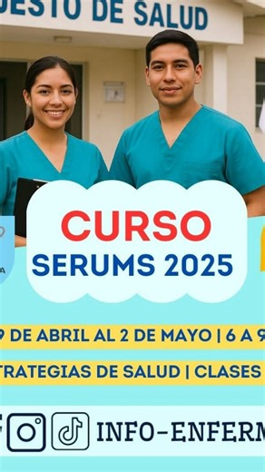 🎓🩺 ¡CURSO OFICIAL MINSA - SERUMS 2025-I! 📢 ¡Todo lo que necesitas saber para tu servicio profesional, en un solo lugar! INSCRIPCIONES: https://wa.link/3d37dd 📚 BENEFICIOS DEL CURSO: ✔️ Clases 100% virtuales EN VIVO y prácticas ✔️ Acceso a clases grabadas diapositivas ✔️ Constancia de participación a nombre de Info Enfermería ✔️ Material actualizado ✔️ Asesorías grupales e individuales ¿QUÉ APRENDERAS EN ESTE CURSO? 📌Labor del personal SERUMS en el nivel de atención 📌Metas y funciones duran