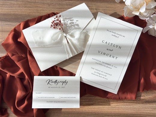 Luxury Wedding Invitation Suite, Embossed Paper, Silk Ribbon and Flower, Custom Invitation Card - Etsy