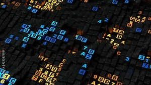 Yellow and blue HEX programming code. Coding or encrypting concept. Endless pan shot. Seamless loop 3D render animation