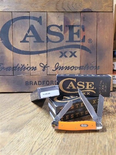 Available in store! Handcrafted in the U.S.A., this classic American Case Medium Stockman is about 3 5/8 inches long (folded/closed) and weighs approximately 2.2 ounces. The handle is high-visibility Orange Delrin with an Oval Nickel Silver CASE Inlay shield. The bolsters are Highly Polished Nickel Silver. This knife utilizes a 2 1/2" Clip blade, 1 7/8" Sheepfoot Coping blade and 1 3/4" Spey blade. Stamped with pattern number 4318 SS, the blade material is Tru-Sharp Surgical Stainless Steel. | C