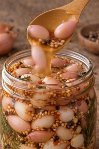 THESE PICKLED SHALLOTS ARE A GAME-CHANGER😳 Sweet, tangy, lightly spicy, and insanely addictive. Put them on burgers, tacos, salads, grilled meat… EVERYTHING tastes better. Pickled Shallots Ingredients 2 cups shallots, peeled (whole or halved if large) 1 cup white vinegar or apple cider vinegar 1 cup water 2 tbsp sugar or honey 1 tsp salt 1 tsp mustard seeds 1/2 tsp black peppercorns 1/2 tsp chili flakes 1 clove garlic, lightly crushed Fresh dill or thyme (optional) Directions 1. Pack the shallo