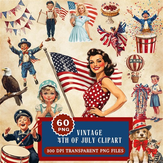 60x Antique Americana Clipart Bundle, Vintage 4th of July PNG, Retro Patriotic Independence Day Graphics, Rustic USA Flag Junk Journal Art - Etsy