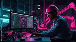 A man wearing a hard hat and safety glasses is sitting at a computer terminal in a factory. He is looking at a computer screen and typing on a keyboard. There is a robotic arm next to him.