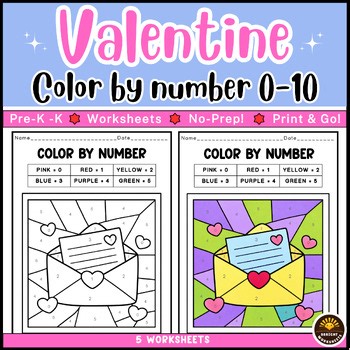 Valentine Color by Number Worksheets 0–10 | Pre-K & Kindergarten | No Prep
