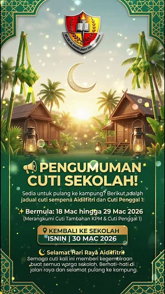 PENGUMUMAN CUTI SEKOLAH SEMPENA AIDILFITRI Dimaklumkan bahawa cuti sekolah sempena Hari Raya Aidilfitri dan Cuti Penggal 1 akan bermula 18 Mac hingga 29 Mac 2026. 📚 Sesi persekolahan akan bermula semula pada: Isnin, 30 Mac 2026 #nextstepatsehala
