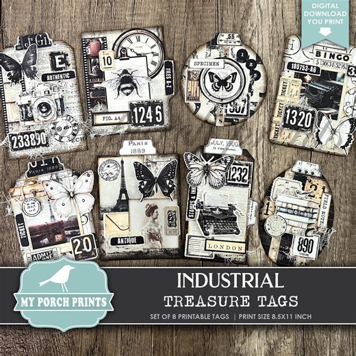 Industrial Treasure Tags Kit Junk Journal Fussy Cuts Black White Tag Very Very Vintage Steampunk Set Grunge My Porch Prints Digital Download - Etsy