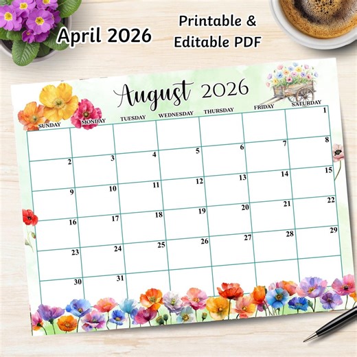 August Birth Month Flower Calendar, PDF Editable, Spring Floral Printable Planner, 2026 Digital Calendar, Instant Download - Etsy
