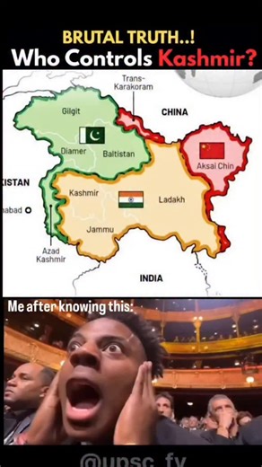 @upsc_fy on Instagram: "Kashmir, one of the world’s most contested regions, is divided among three countries — India, Pakistan, and China — each controlling different portions of the territory since the late 1940s. Indian Administered Kashmir (in orange) — Comprising Jammu, Kashmir Valley, and Ladakh, this area is governed by India and covers around 106,567 km². India officially considers the entire region of Jammu & Kashmir an integral part of the country. Pakistani Administered Kashmir (in gre