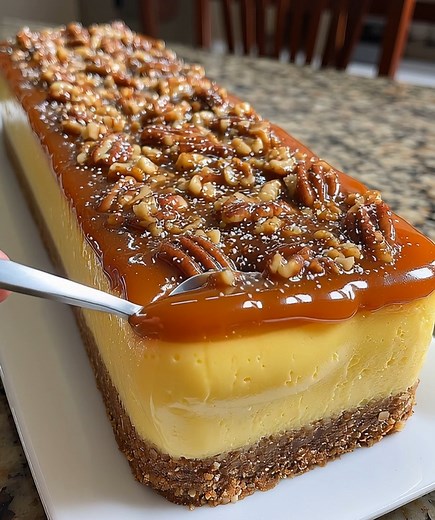 Caramel Turtle Cheesecake Ingredients: - 1 ½ cups graham cracker crumbs - ½ cup unsalted butter, melted - 1 cup chopped pecans - 3 (8 oz) packages cream cheese, softened - 1 cup granulated sugar - 1 teaspoon vanilla extract - 3 large eggs - 1 cup sour cream - 1 cup caramel sauce (plus extra for drizzling) - 1 cup chocolate chips - Whipped cream (for topping) Instructions: 1. Preheat your oven to 325°F (163°C). 2. In a medium bowl, combine the graham cracker crumbs and melted butter. Mix until we