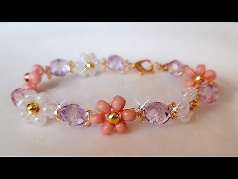 HOW TO MAKE THIS BEAUTIFUL CRYSTAL AND FLOWER BRACELET (Step-by-Step Jewelry Making)