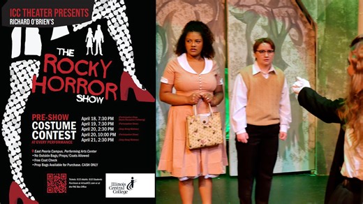 Our latest Entertainment Report features the Rocky Horror Picture Show which opens Thursday, April 18 and runs through Sunday, April 21 at Arts at ICC Performing Arts Center. Showtimes are 7:30 pm on Thursday & Friday, 2:30 pm on Saturday & Sunday plus a 10 pm show on Saturday. A live, musical version of the cult classic, the show is a tribute to the science fiction and horror B movies of the 1930-60s. Prop bags will be available for $5 (cash only) and no outside props will be allowed. There wil