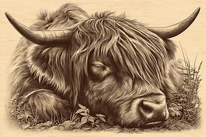 Sleeping Highland Cow Engraving PNG | Rustic Western Wood Art | Wildlife Laser Design | Peaceful Bull Engraving for CNC - Etsy