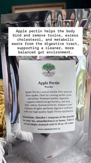 Apple Pectin 🌿 A gentle, natural fiber that works at the root to support digestion and detoxification. Apple pectin helps the body bind and remove toxins, excess cholesterol, and metabolic waste from the digestive tract, supporting a cleaner, more balanced gut environment. It also nourishes healthy gut bacteria, helping restore microbial harmony and improve overall digestive comfort. Rather than forcing results, apple pectin works with the body, encouraging smooth elimination and supporting nat