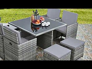RayGar Deluxe 9 Piece 8 Seater Rattan Cube Dining Table Garden Furniture Patio Set