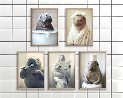 Funny Manatee Bathroom Art Set: Toilet Humor Prints or Canvas - Etsy