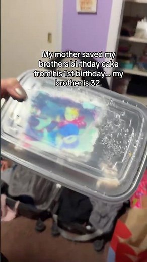 Mom save brother birthday cake from his 1st birthday! 32 years old cake!
