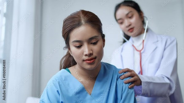 Female doctor listening to a female patient's lungs during a routine medical checkup in a healthcare setting