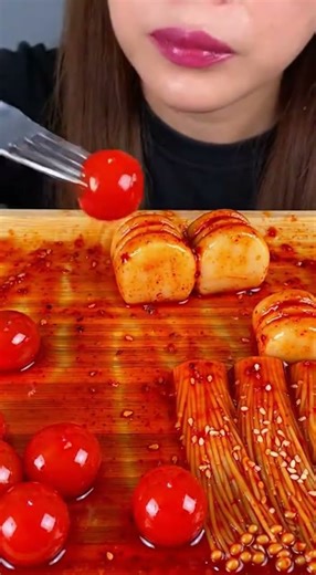 Satisfying Spicy Platter 🍅🌶️ ASMR Eating — Enoki & Squid Rolls! #mukbang