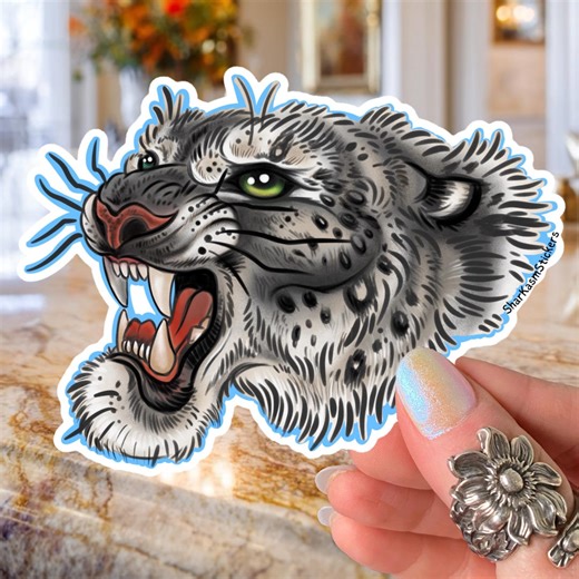 Snow Leopard Sticker Neo Traditional Tattoo Flash Panther Sticker Big Cat Vinyl Decal - Etsy