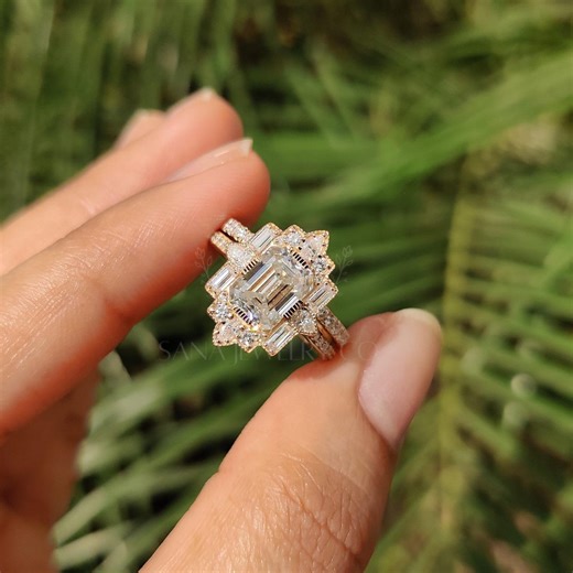 1.75 CT Emerald Cut Moissanite Engagement Ring Set, 14K Solid Gold Ring Set, Stackable Mosaic Ring Set, Wedding Ring Set, Bridal Ring Set - Etsy Australia