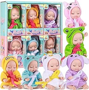 Hanaive 6 Pcs Mini Baby Dolls 4 Inch Easter Basket Dolls Tiny Reborn Lifelike Realistic Holiday Birthday Gifts Set for Girls Toddlers Kids Basket Stuffers(Sleepwear)