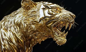 A highly detailed golden sculpture of a roaring tiger head.