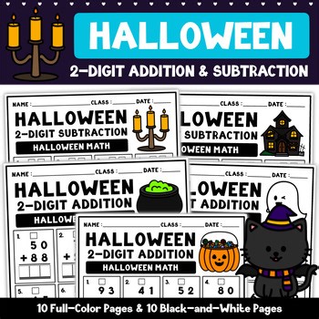 HALLOWEEN 2-DIGIT ADDITION & SUBTRACTION MATH PRACTICE | WITH&WITHOUT REGROUPING