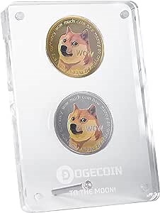 Physical Dogecoin Coin with Acrylic Magnetic Display Case - Silver and Gold Plated Cryptocurrency Coins - Shiba Inu - Doge Coin Token to The Moon - Dogecoin Commemorative Coin Gifts (2 Pcs)