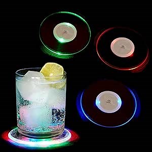 True LED Coasters, Light Up Drink Coasters with 6 Color Modes, Plastic Battery Powered, 4 Inch Diameter, Set of 4