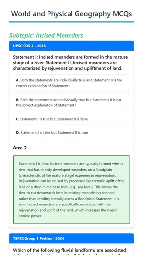 Visit: https://pscnotes.com Ever wondered how rivers carve deep, winding canyons? 🤔 Introducing **Incised Meanders** – a fascinating fluvial landform! These aren't your average river bends. They form when a river's existing meanders are rejuvenated, often due to land uplift. The river then furiously cuts vertically into the bedrock, creating spectacular, canyon-like valleys. This process signifies a new phase of erosional power, distinct from a river's mature stage. Entrenched meanders are a sp
