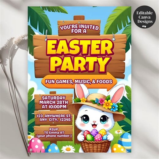 Editable Easter Party Invitation, Text Customizable Easter Bunny Invite, Printable Canva Template for Spring Celebration, Digital Download - Etsy