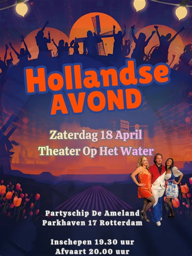 De Hollandse Avond 🚢🇳🇱 LEVE DE LOL EN GOOI DE TROSSEN LOS! ⚓🎵 Bent u klaar voor dé ultieme Hollandse Avond? Theater op het Water nodigt u uit op Partyschip De Ameland voor een avondvullend spektakel dat u niet wilt missen. Stel u voor: de indrukwekkende skyline van de Rotterdamse haven als decor, de grootste hits van eigen bodem uit de speakers en een heerlijk diner op tafel. Dát is de Hollandse Feestformule op zijn best! 🎤🍽️ ✨ Wat kunt u verwachten? ✅ Een sfeervolle rondvaart door de mooi