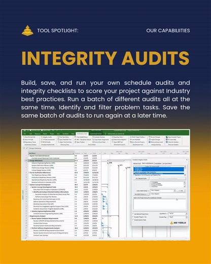 SSI Tools on Instagram: "We’re excited to introduce a new series: Tool Spotlights 🔦 Each post will highlight one of our powerful SSI Tools designed to make project scheduling simpler, smarter, and more efficient. First up: INTEGRITY AUDITS With this tool, you can build, save, and run your own schedule audits and integrity checklists to score your project against industry best practices. Run multiple audits at once, identify and filter problem tasks, and save your audit batches to use aga