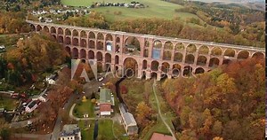 Aerial video view on the Goeltzschtalbruecke in Netzschkau Vogtland Germany largest brick bridge of the world