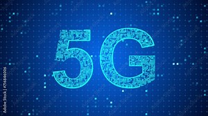 5G, fifth generation made of glowing circuit board with moving electrons on blue cyberspace background. Blue circuits and electronics. Concept of new technology, mobile internet and 5G network.