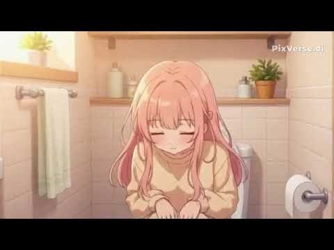 An anime girl starting a relaxing poop at home.