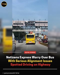 What a scary sight! 😲 Full article 🔗: https://worldofbuzz.com/netizens-express-worry-over-bus-with-serious-alignment-issues-spotted-driving-on-highway/ | WORLD OF BUZZ