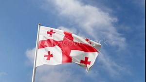 Flag of Georgia on a blue sky, flag on a flag pole waving in the wind, european country, national symbol of georgia, video of a flag